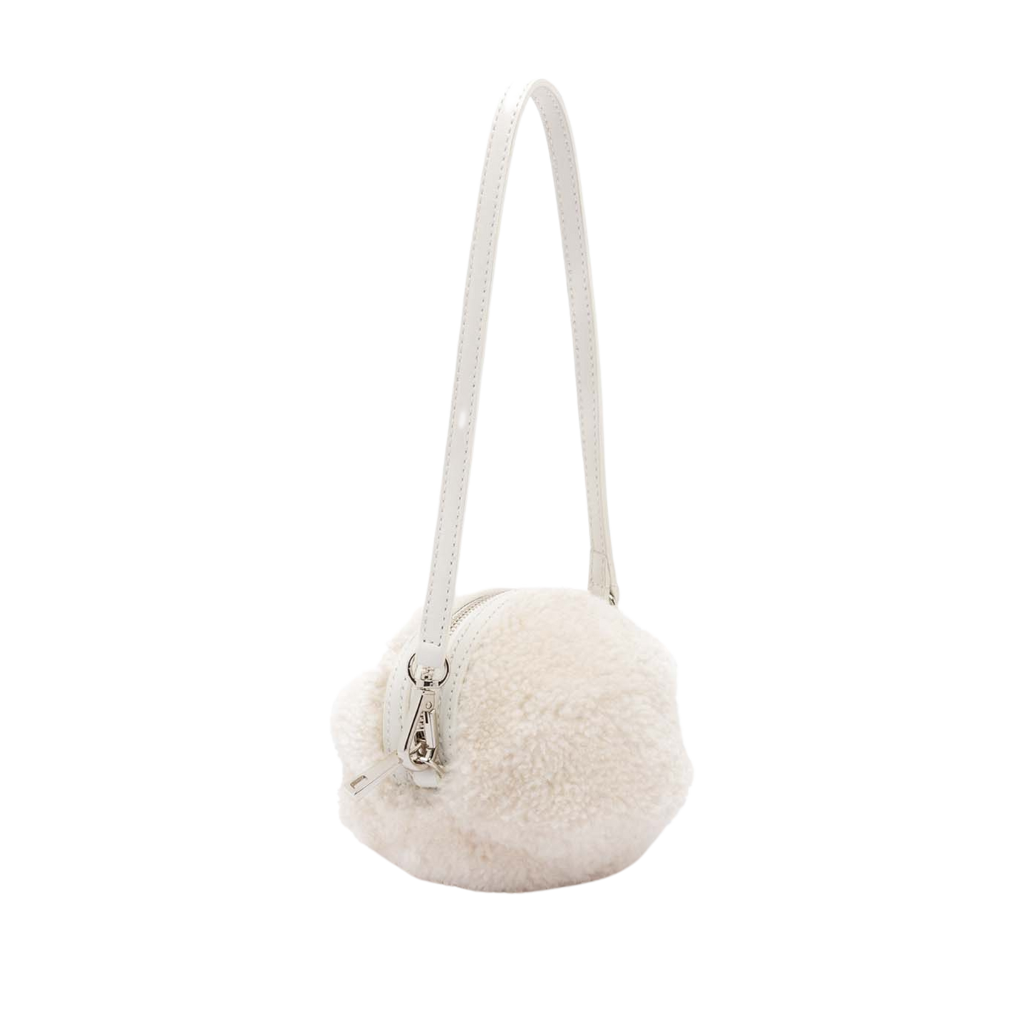 small rounded pochette in lamb fur with leather handle
