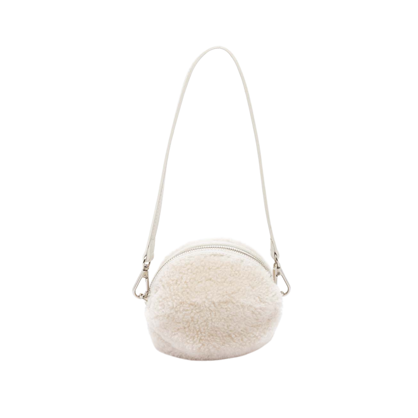 small rounded pochette in lamb fur with leather handle