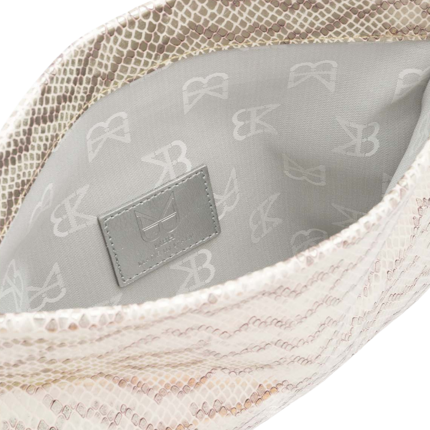 leather pochette with white python print and chain handle