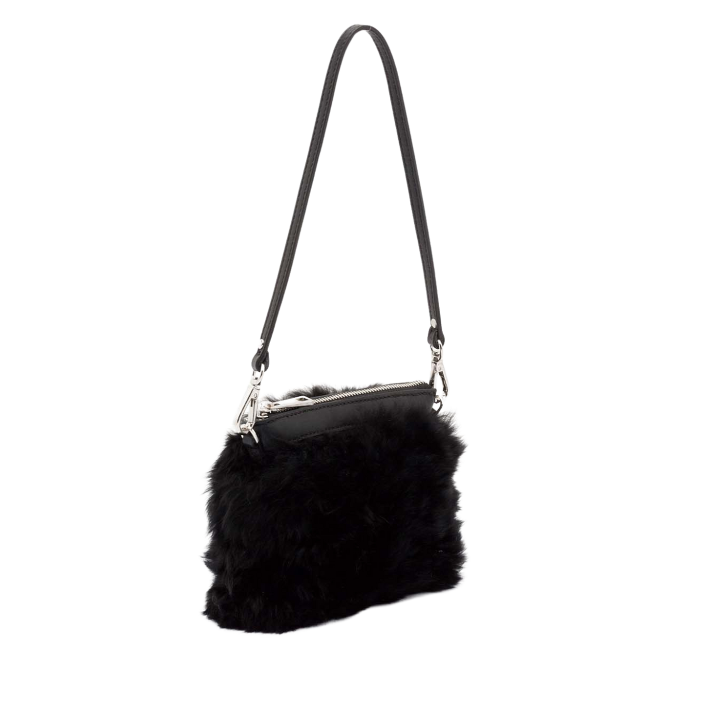 small purse in alpaca fur with leather handle and zip closure