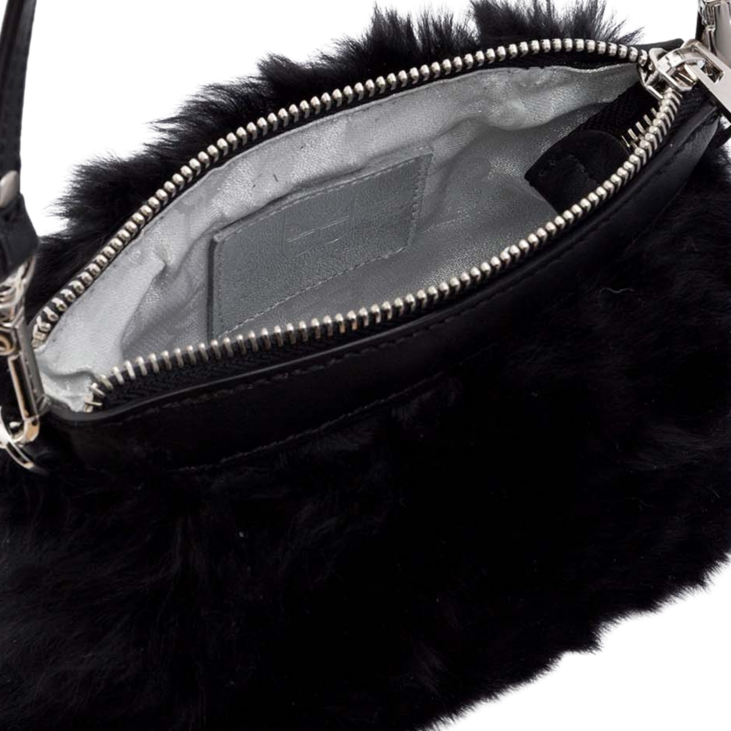 small purse in alpaca fur with leather handle and zip closure