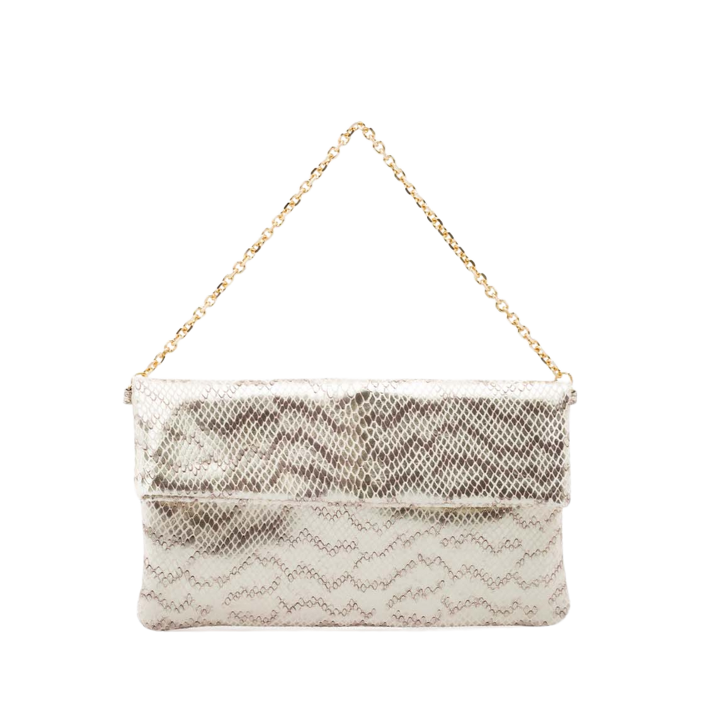 leather pochette with white python print and chain handle