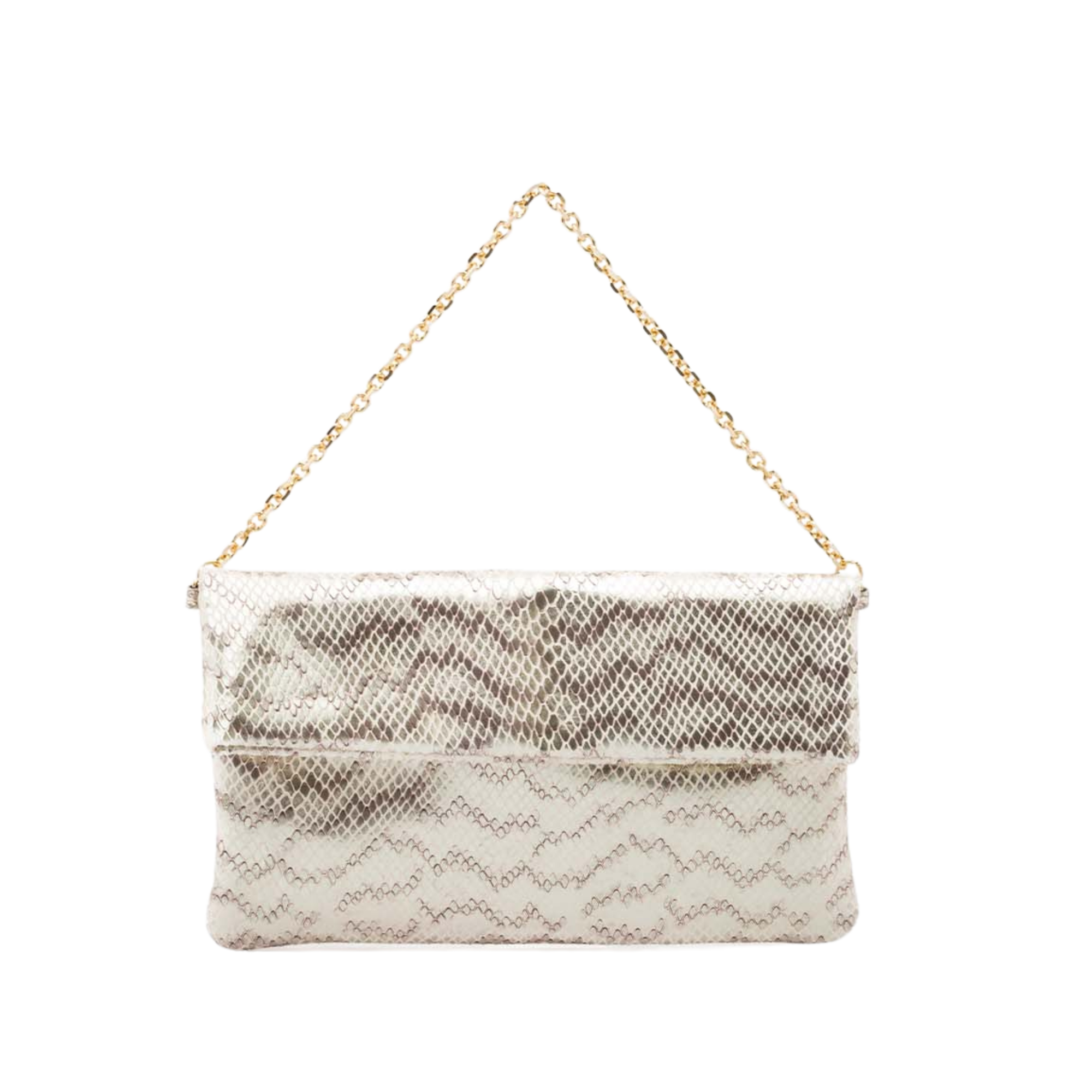 leather pochette with white python print and chain handle