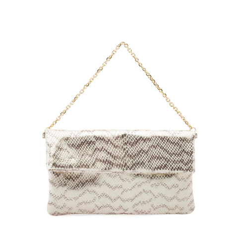 leather pochette with white python print and chain handle