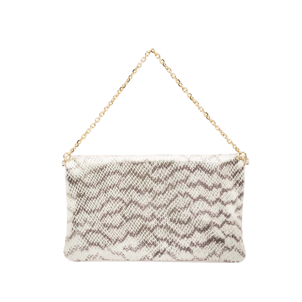 leather pochette with white python print and chain handle