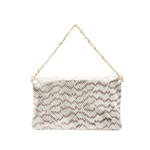 leather pochette with white python print and chain handle
