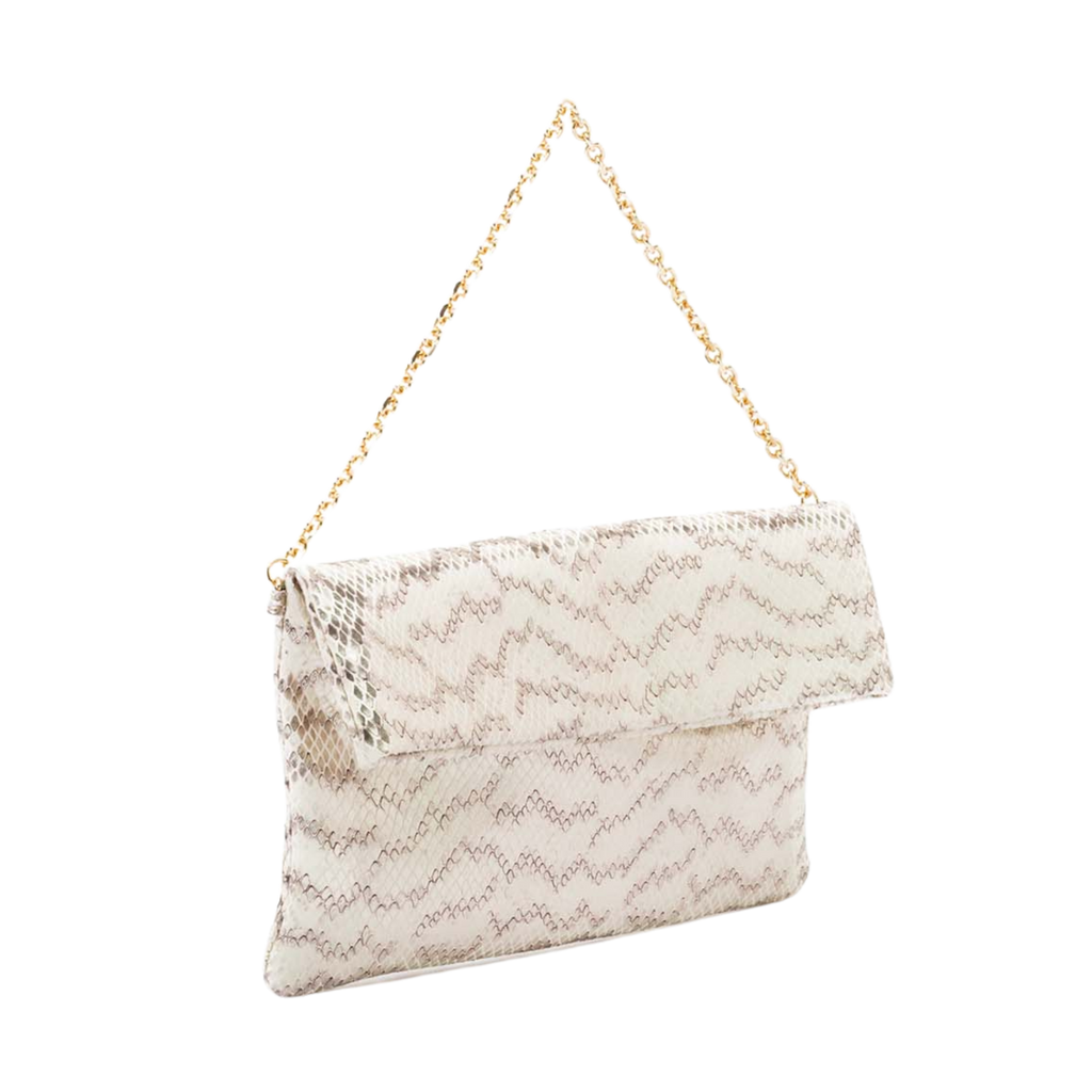 leather pochette with white python print and chain handle