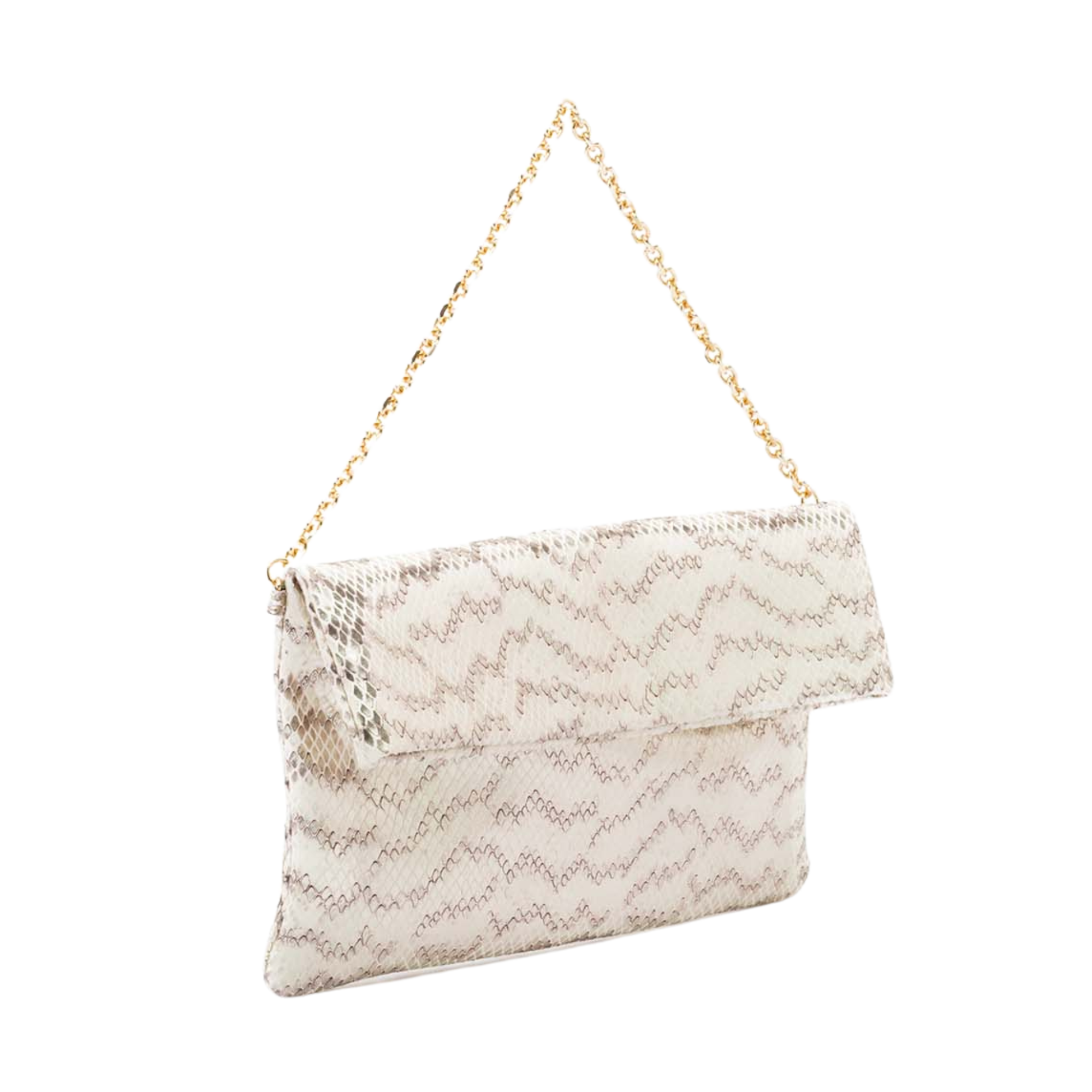 leather pochette with white python print and chain handle