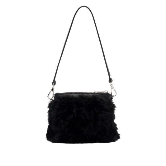 small purse in alpaca fur with leather handle and zip closure