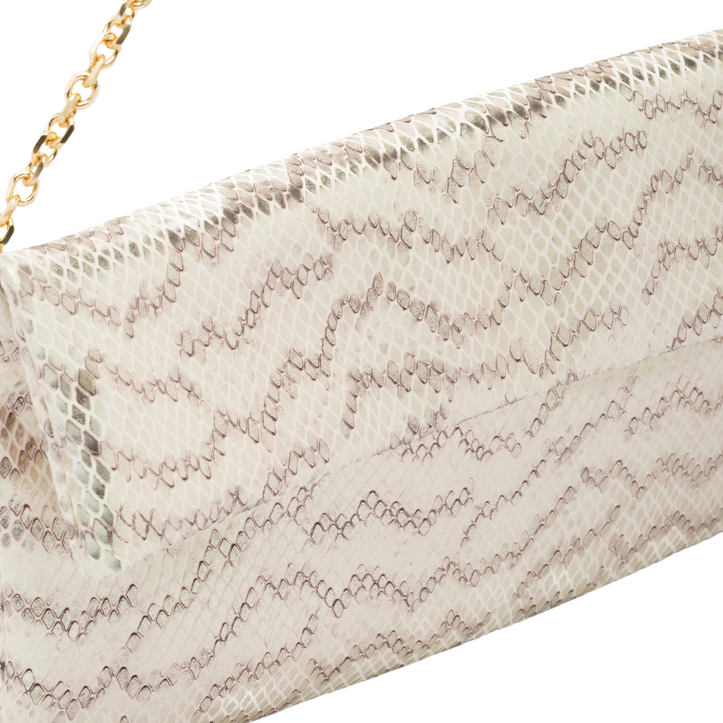 leather pochette with white python print and chain handle