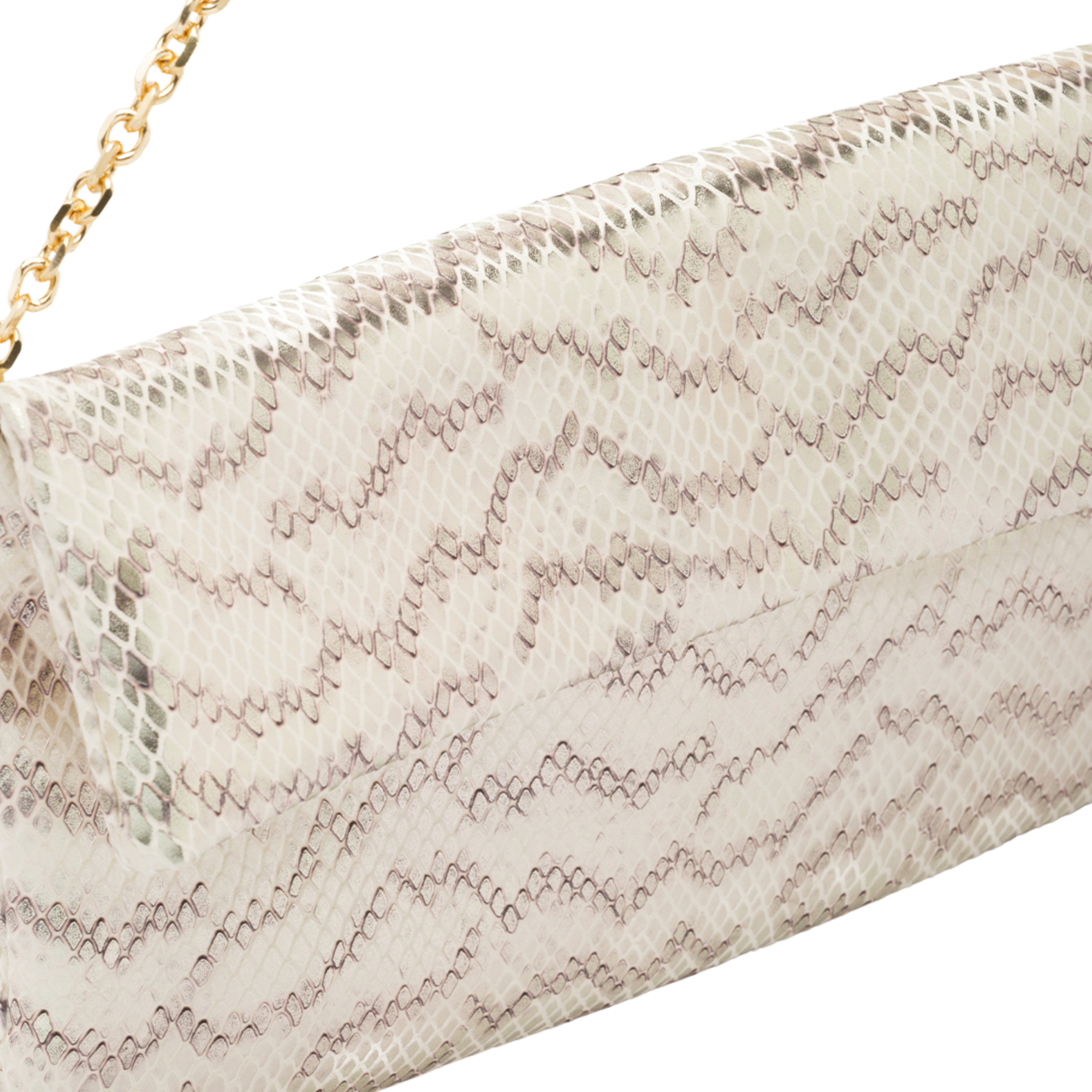 leather pochette with white python print and chain handle