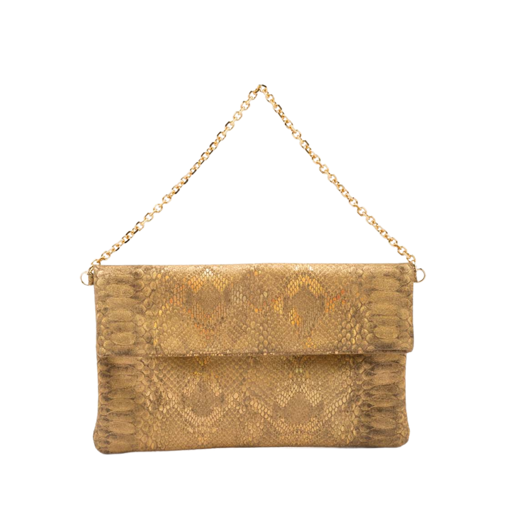 leather pochette with python print and chain handle