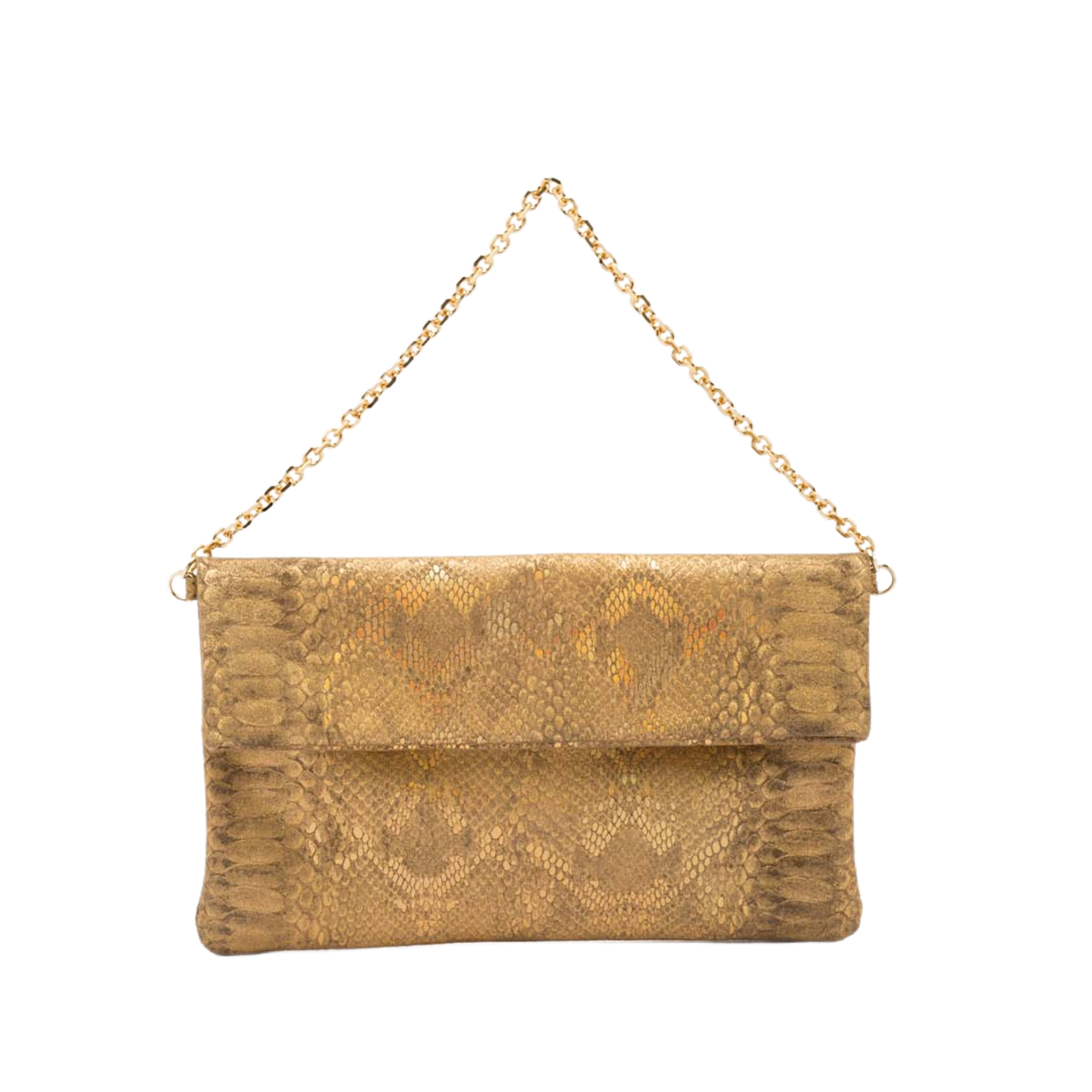 leather pochette with python print and chain handle