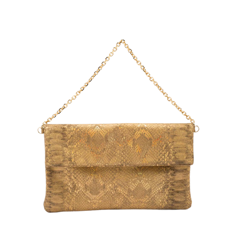 leather pochette with python print and chain handle