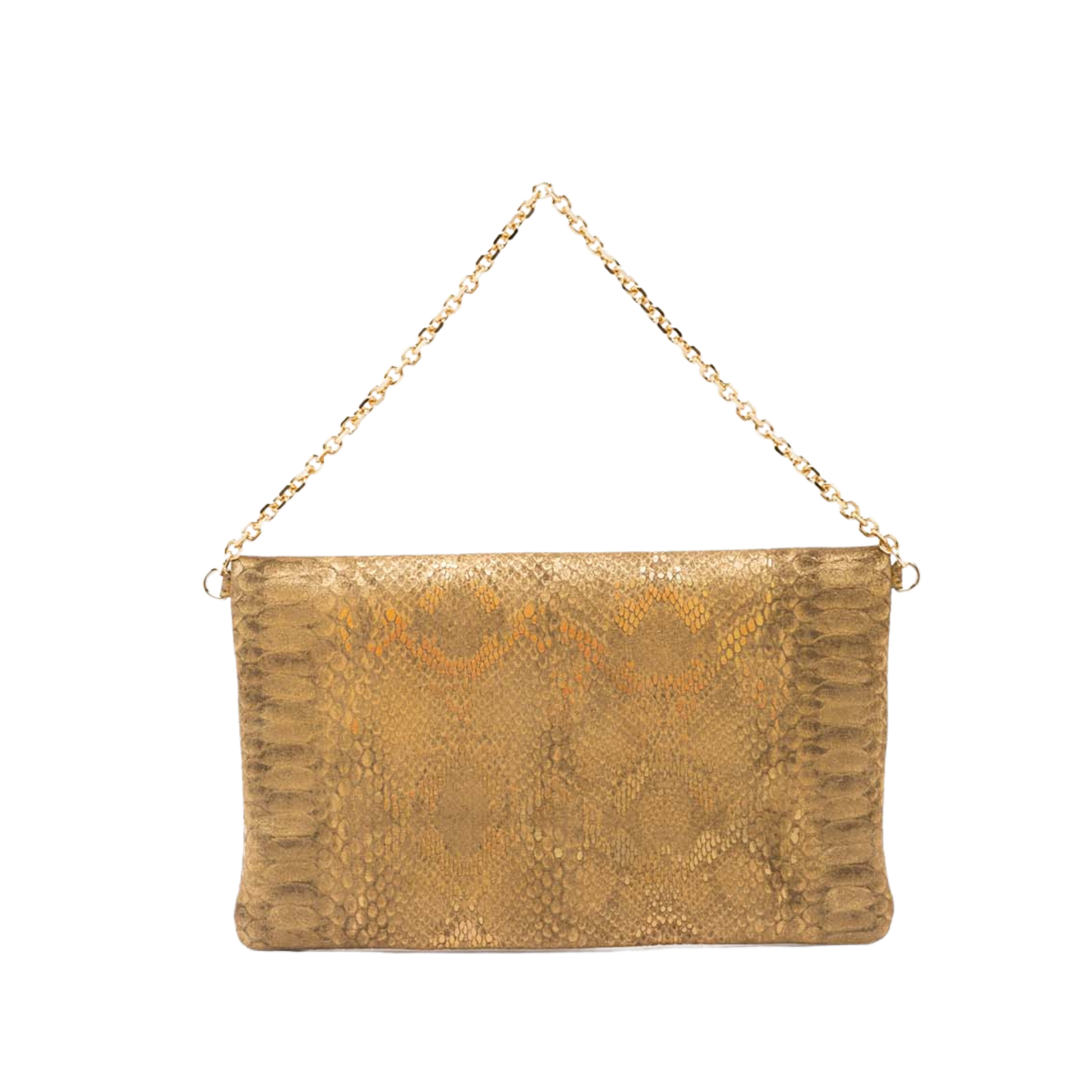 leather pochette with python print and chain handle