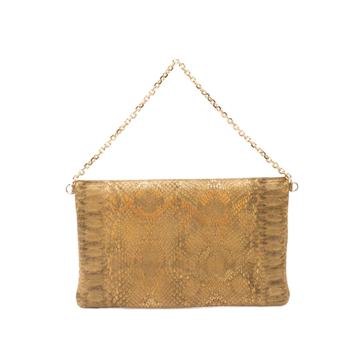 leather pochette with python print and chain handle