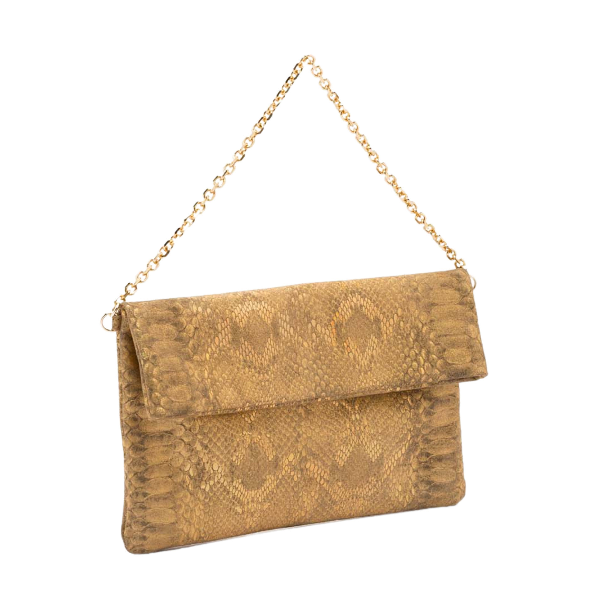leather pochette with python print and chain handle