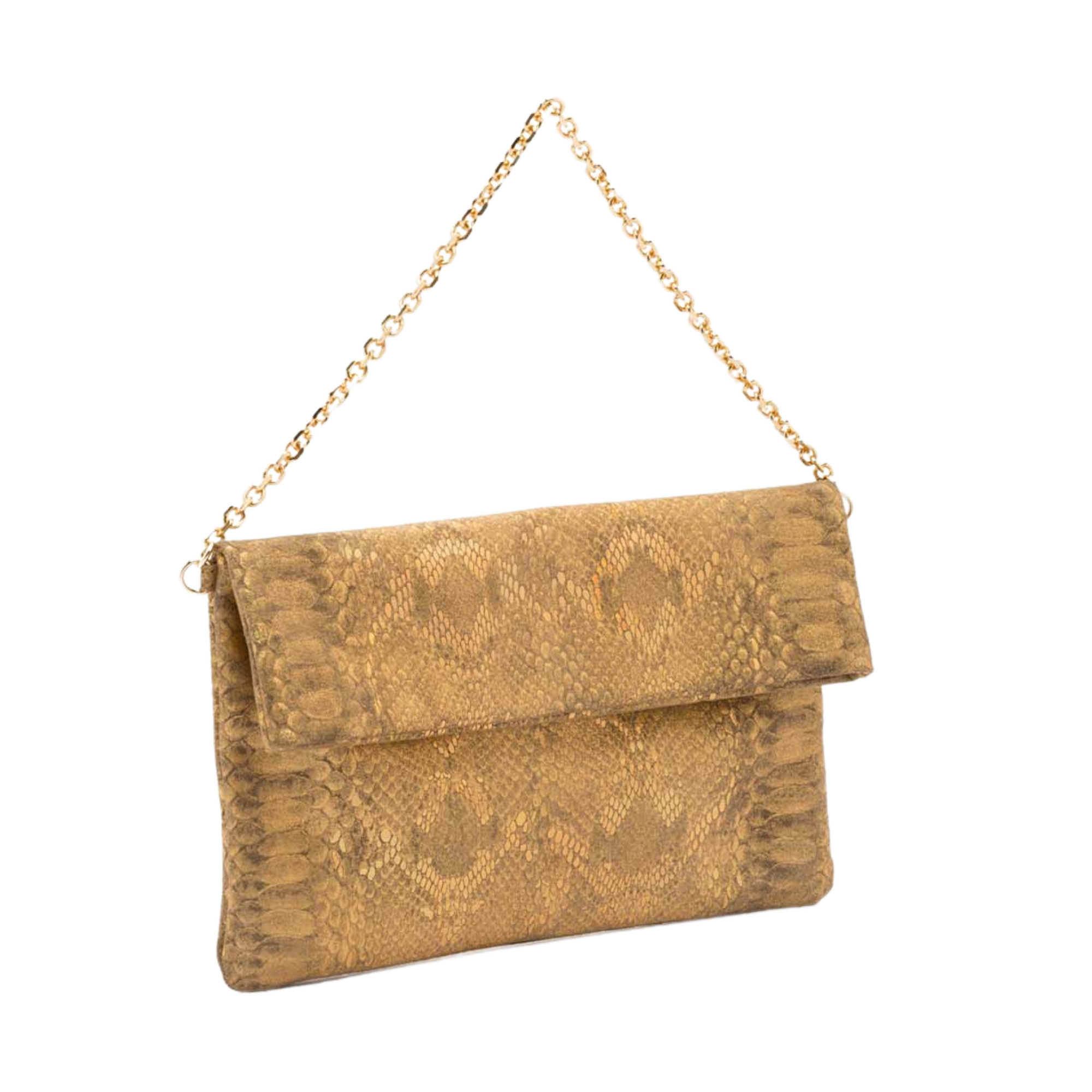 leather pochette with python print and chain handle